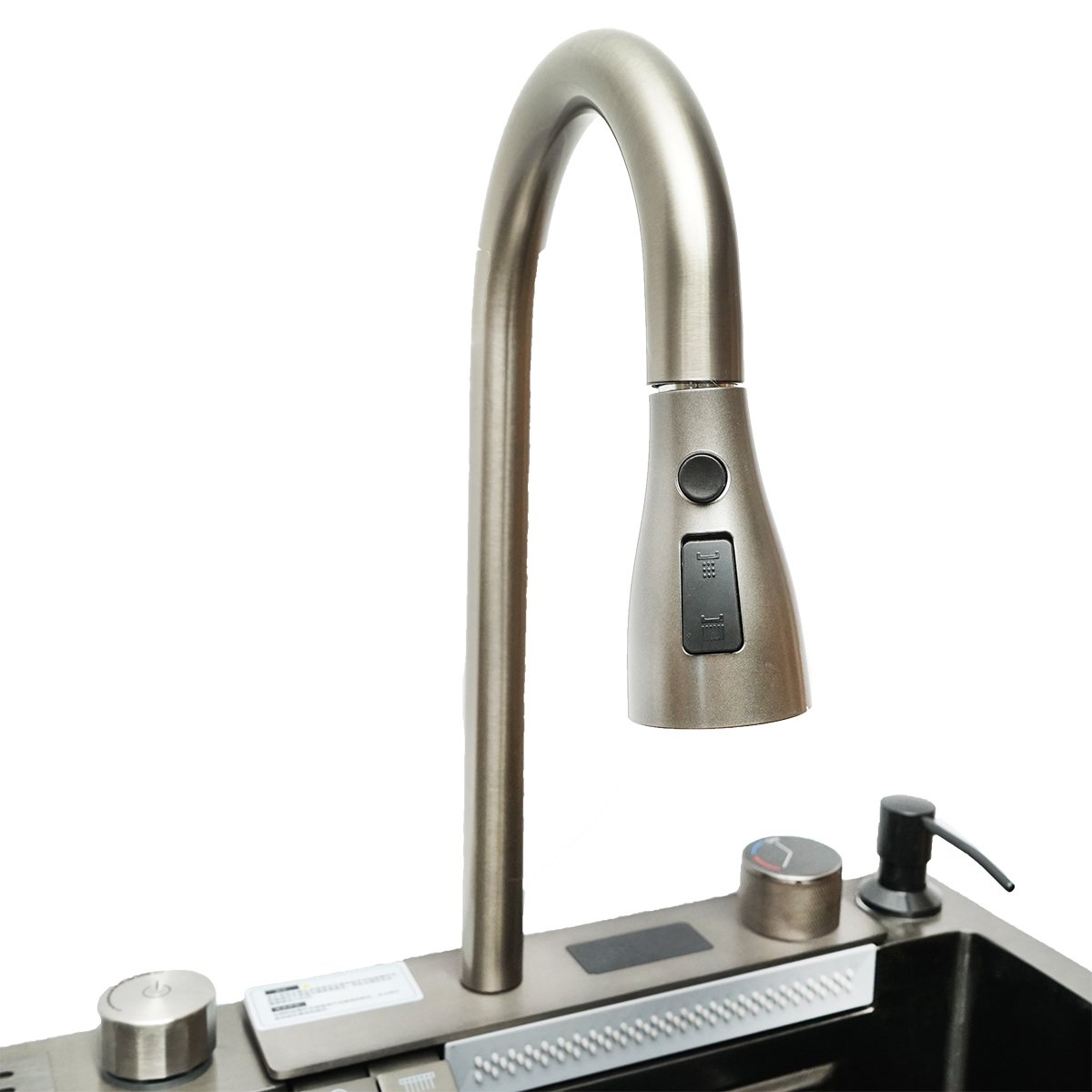 Chiuveta bucatarie multifunctionala cu doua baterii, otel inoxidabil, afisaj digital temperatura, functie cascada, dozator sapun, scurgator, tava, tocator si accesorii scurgere incluse, dimensiune 75x46x23.5cm